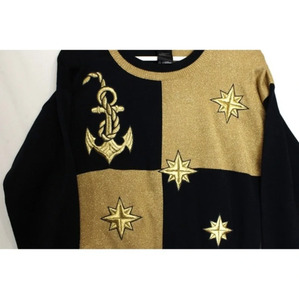 Escada Margaretha Ley Sweater Women M Black Gold Nautical Anchor Stars‎ Germany